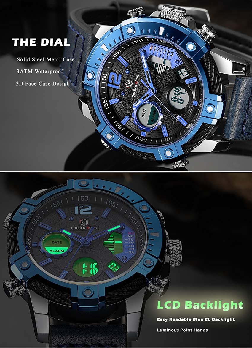 Mens Sport Watch Digital Analog Quartz Waterproof Multifunctional Military Leather Wrist Watches