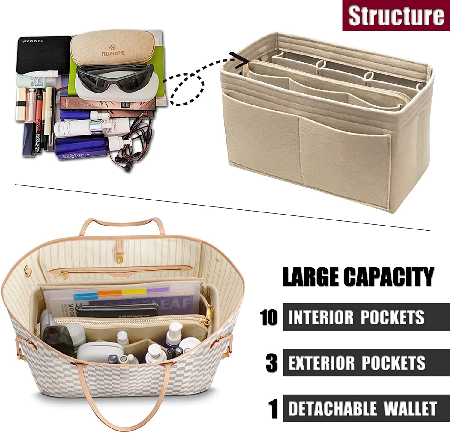Purse Organizer Insert with Zipper Felt Bag Organizer Handbag Organizer Insert Bag In Bag Organizer