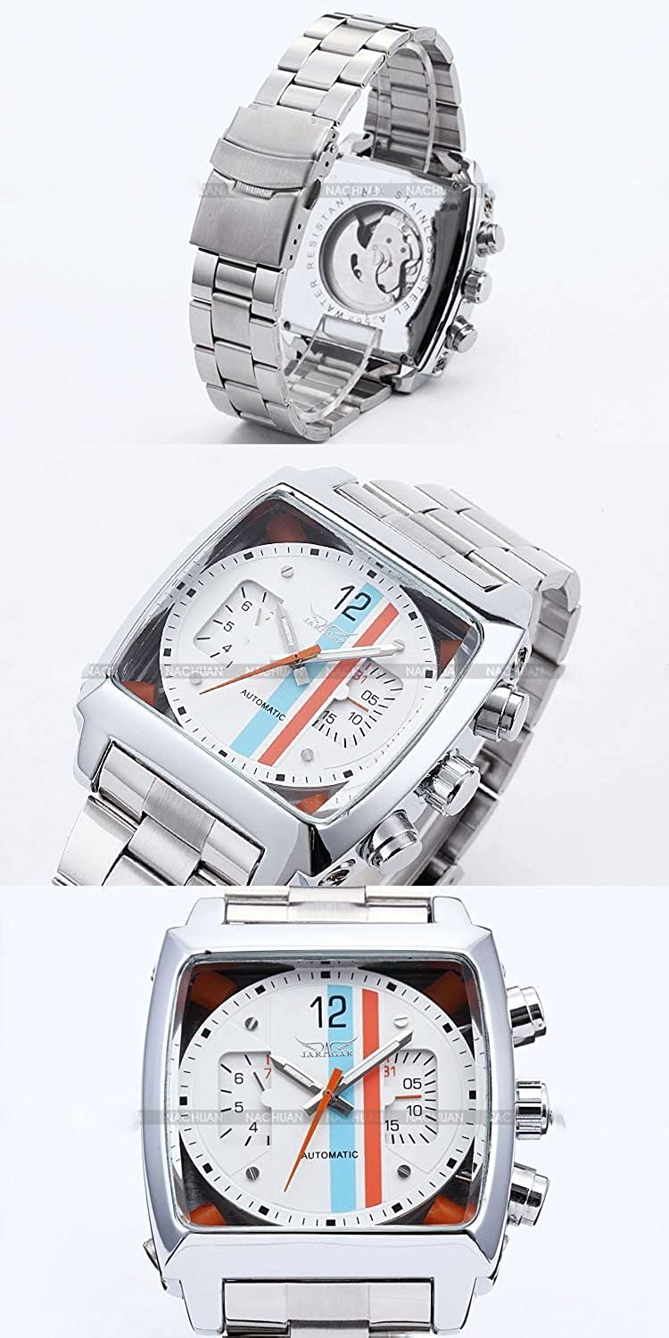 Fanmis Mens Automatic Analog Oblong Date Silver Stainless Steel Wrist Watch Business Luminous Watch
