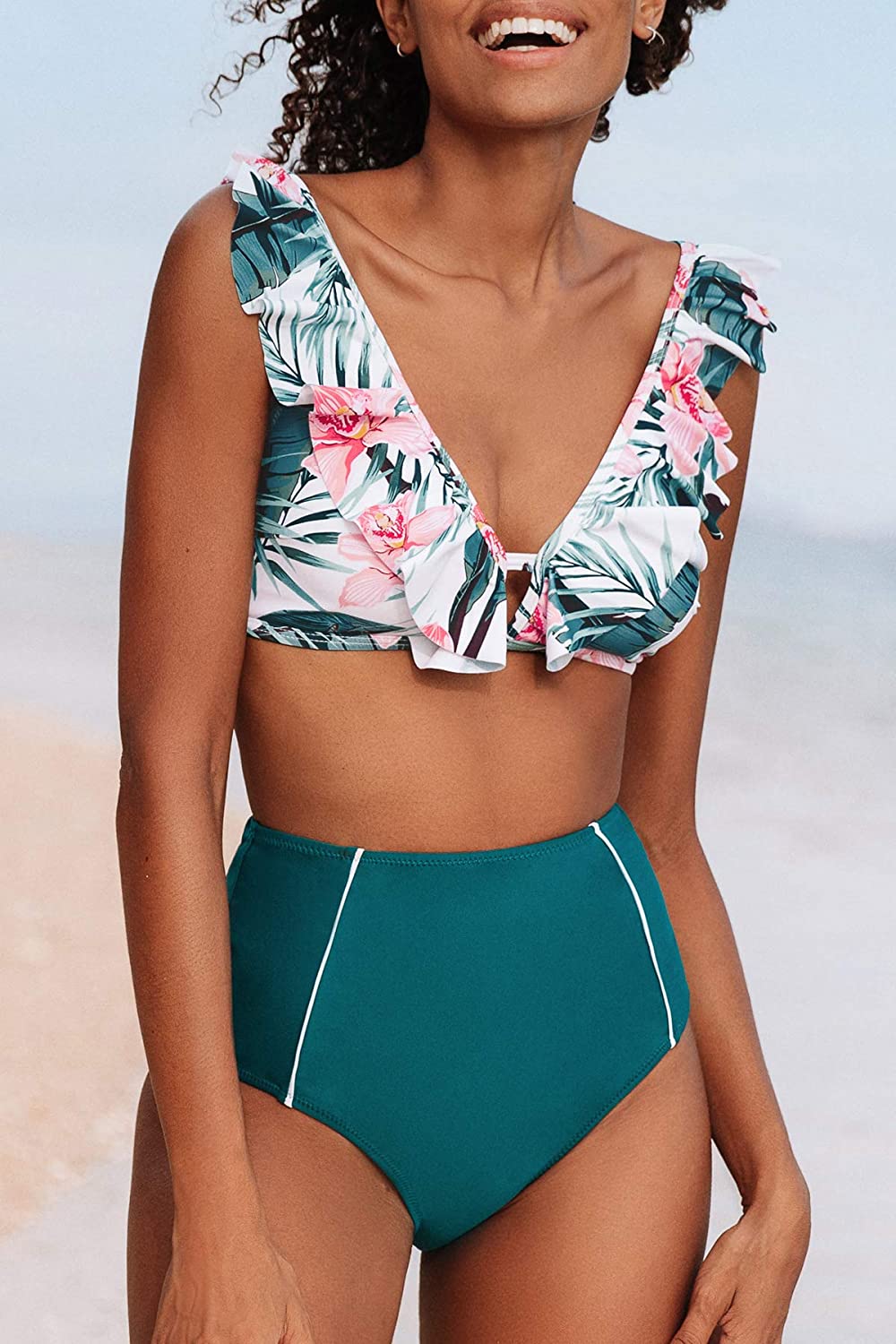 CUPSHE Women's High Waist Bikini Swimsuit Ruffle Floral Print Two Piece Bathing Suit
