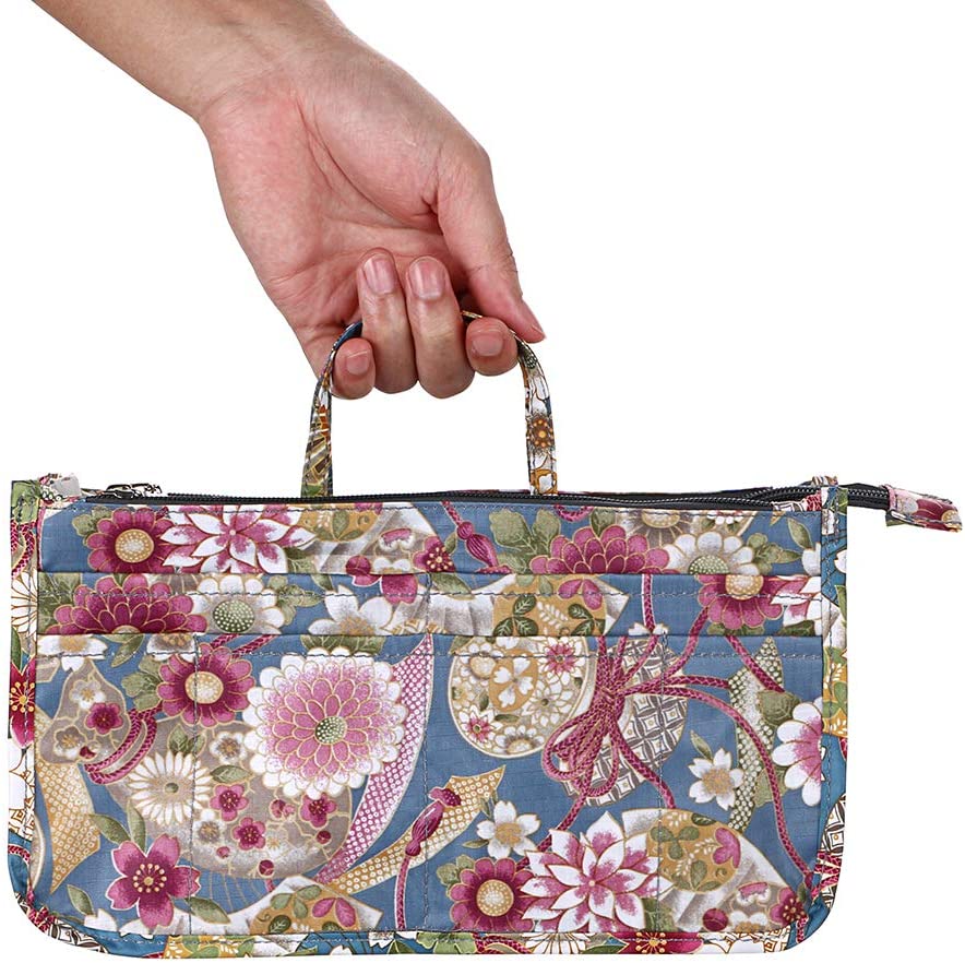 BTSKY New Printing Handbag Organizers Inside Purse Insert-High Capacity 13 Pockets Bag Tote Organizer with Handle Peacock Flower