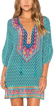 
                        
                          Load image into Gallery viewer, Women Bohemian Neck Tie Vintage Printed Ethnic Style Summer Shift Dress
                        
                      