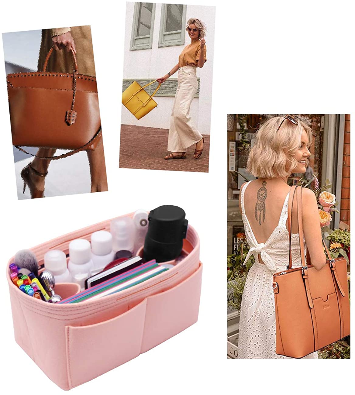 Felt Purse Organizer Insert Zipper Pocket with Two Removeable Bottle Holder
