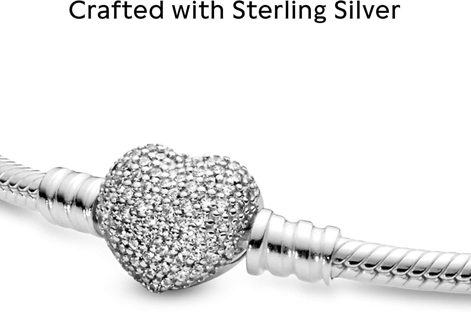 PANDORA Jewelry Moments Sparkling Heart Clasp Snake Chain Charm Cubic Zirconia Bracelet in Sterling Silver - JOY2ESpree