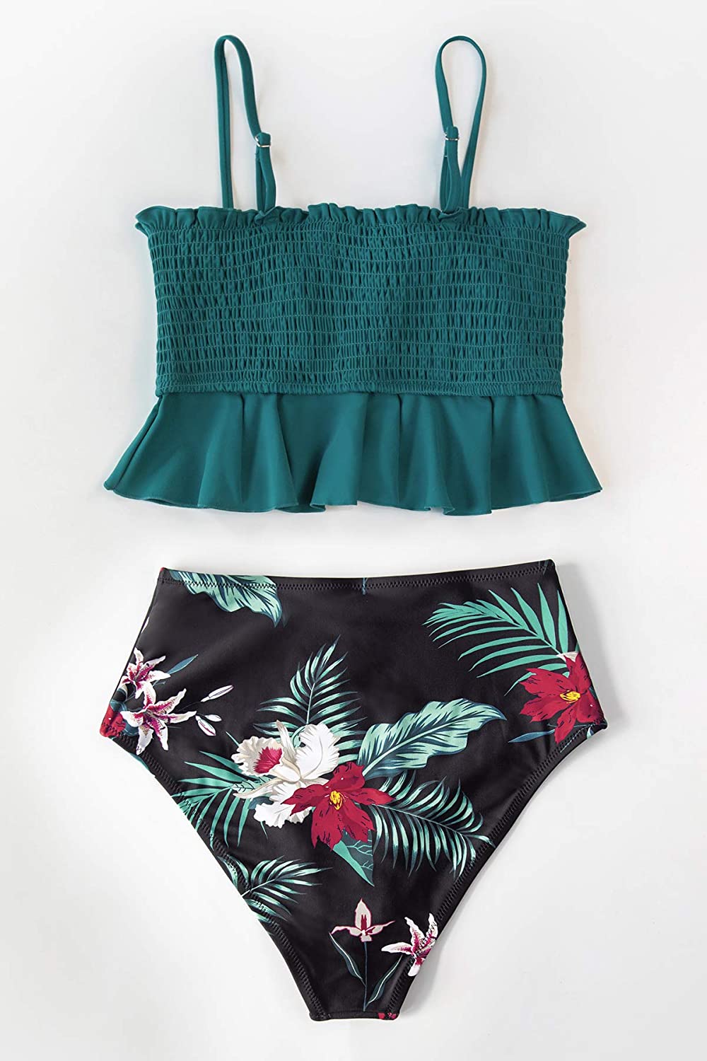 CUPSHE Women's High Waist Bikini Swimsuit Ruffle Smock Floral Print Two Piece Bathing Suit