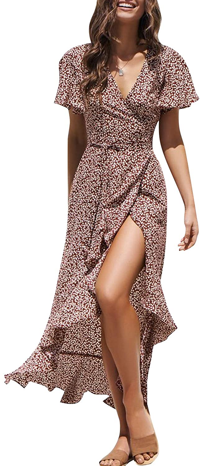Miessial Women's Summer Chiffon V Neck Ruffle Maxi Dress Polka Dot Long Beach Wrap Dress