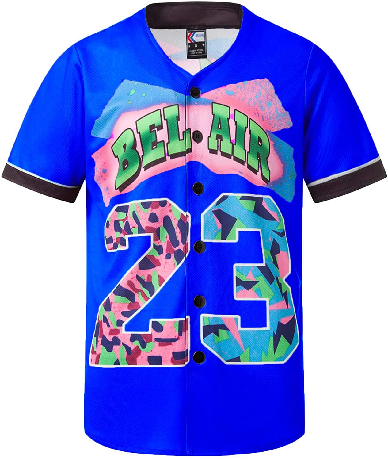 MOLPE 90s Hip Hop Clothing for Men and Women, Unisex Bel Air 23 Baseball Jersey, Mens Printed Urban Shirts for Party