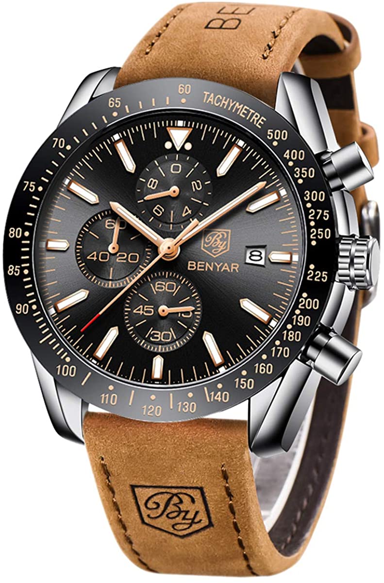 BENYAR Chronograph Mens Watch Quartz Movement 30M Waterproof | Leather Watch Strap