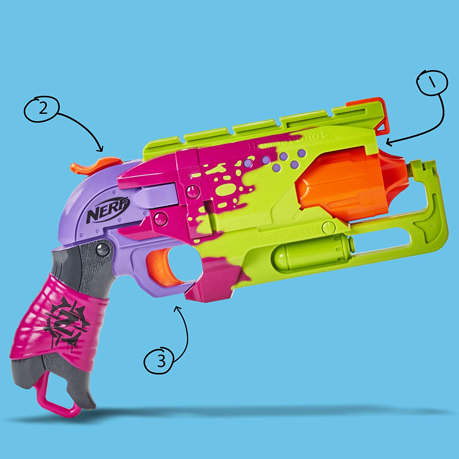 NERF Zombie Strike Hammershot Blaster -- Pull-Back Hammer-Blasting Action, 5 Official Zombie Strike Darts -- Stripes Color Scheme (Amazon Exclusive)