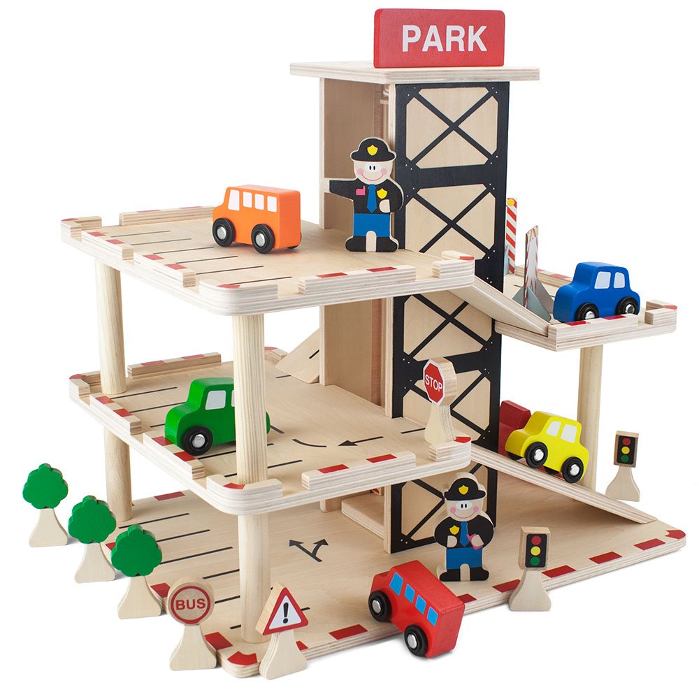 Imagination Generation Downtown Deluxe Wooden Parking Garage Ramp & Service Station Playset with Elevator