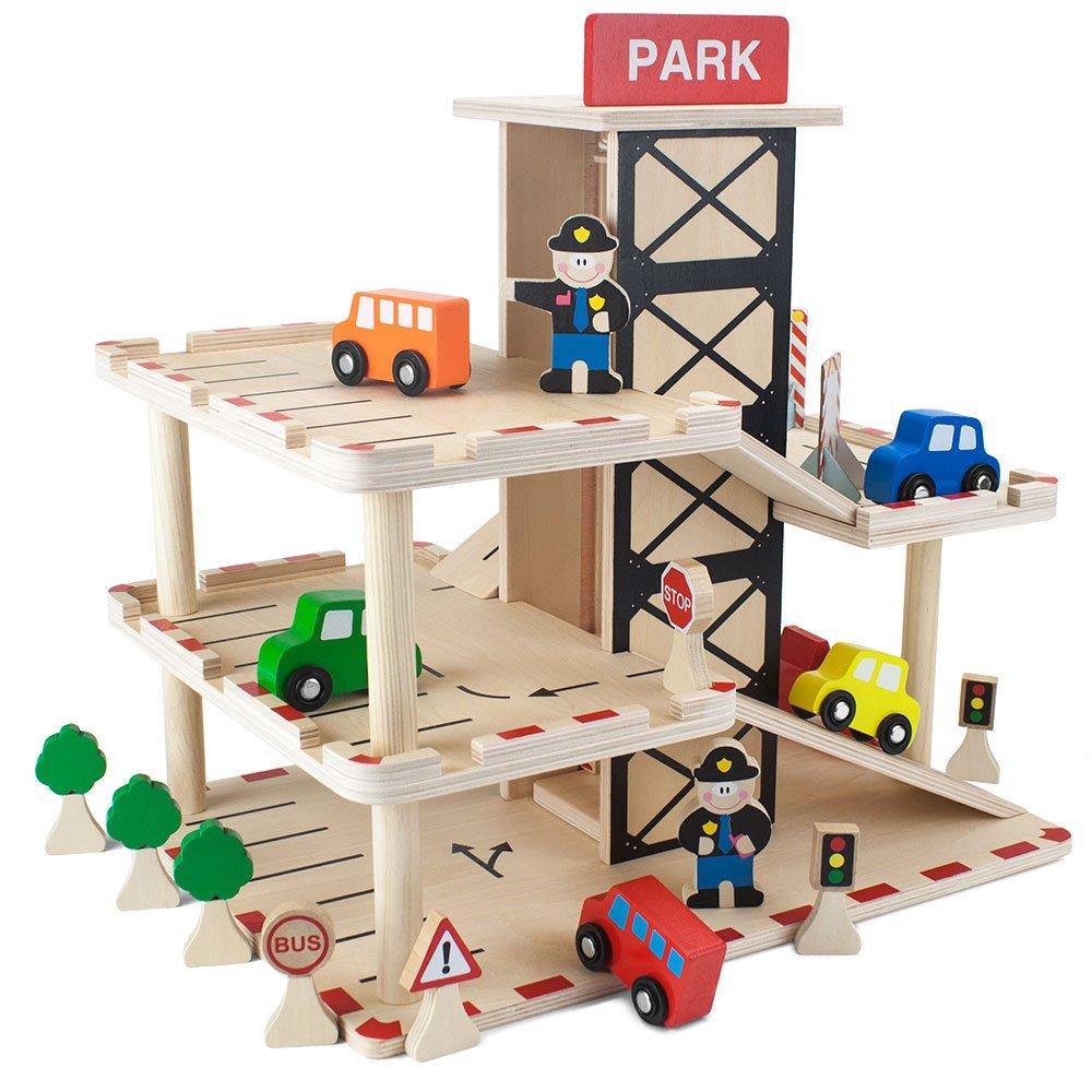 Imagination Generation Downtown Deluxe Wooden Parking Garage Ramp & Service Station Playset with Elevator