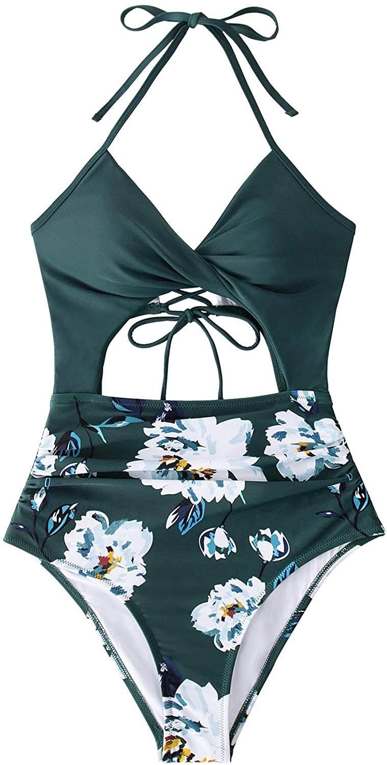 CUPSHE Women's Black Floral Print Halter Cutout High Waist One Piece Swimsuit
