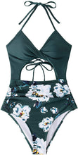 
                        
                          Load image into Gallery viewer, CUPSHE Women's Black Floral Print Halter Cutout High Waist One Piece Swimsuit
                        
                      