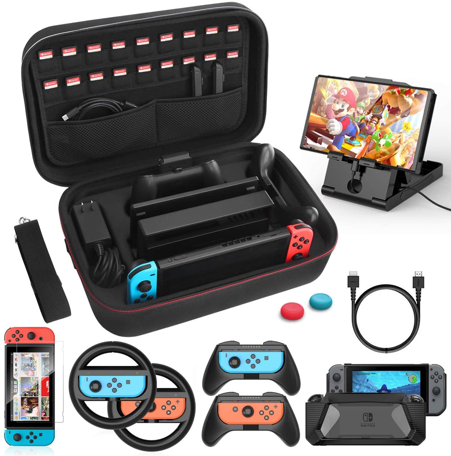 Case Accessories Kit Compatible with Nintendo Switch 12 in 1 Switch Carry Case PlayStand Grip Steering Wheel - JOY2ESpree
