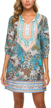 
                        
                          Load image into Gallery viewer, Women Bohemian Neck Tie Vintage Printed Ethnic Style Summer Shift Dress
                        
                      
