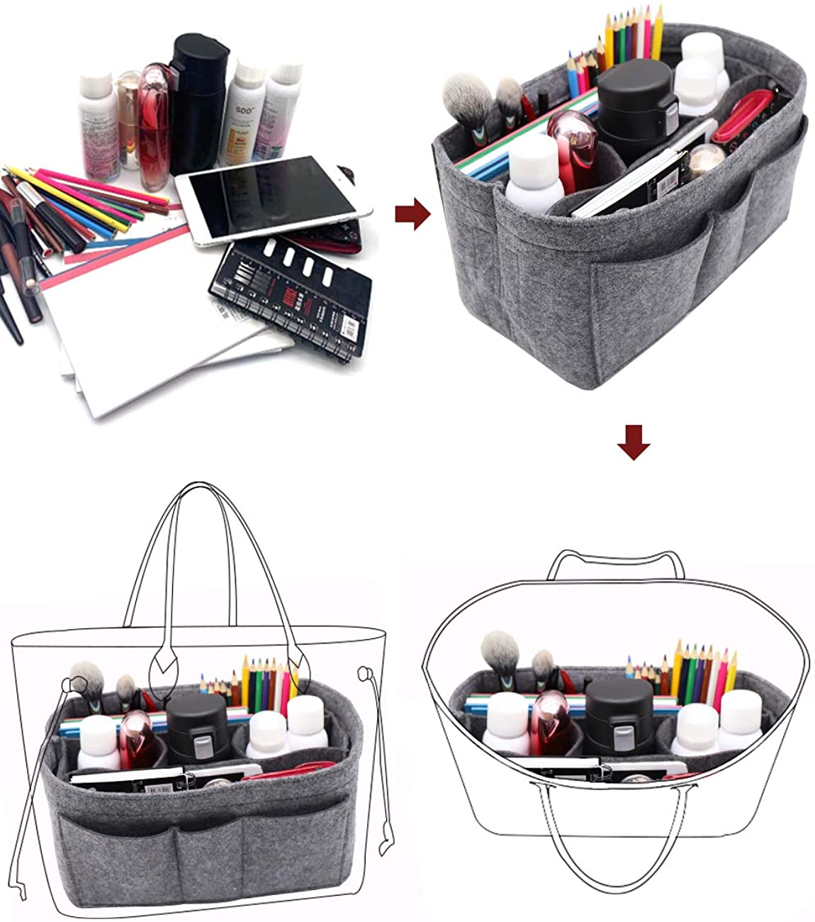 Felt Fabric Purse Tote Diaper Bag Organizer Insert Bag in Bag with Zipper Inner Pocket For Neverfull Speedy