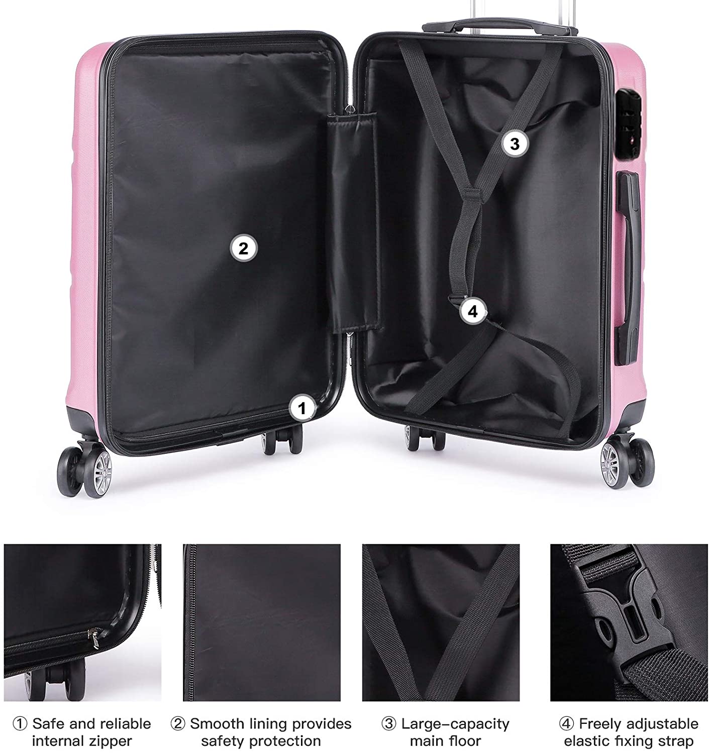Kono 3 Pieces Luggage Set Hard Shell with Spinner Wheels Lightweight Rolling Suitcases Set with YKK Dual Zipper TSA Lock for Travel (Grey)