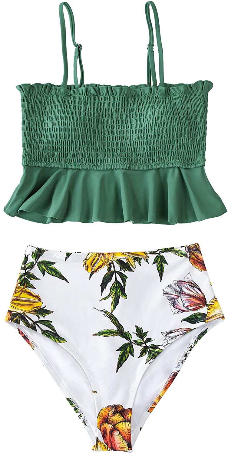 CUPSHE Women's High Waist Bikini Swimsuit Ruffle Smock Floral Print Two Piece Bathing Suit