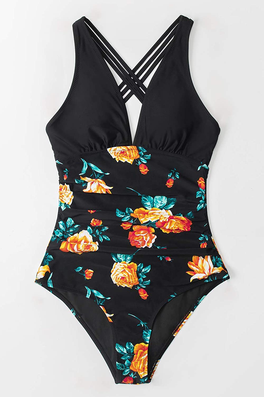 CUPSHE Women's One Piece Swimsuit V Neck Tummy Control Cross Back Vintage Swimwear Bathing Suits