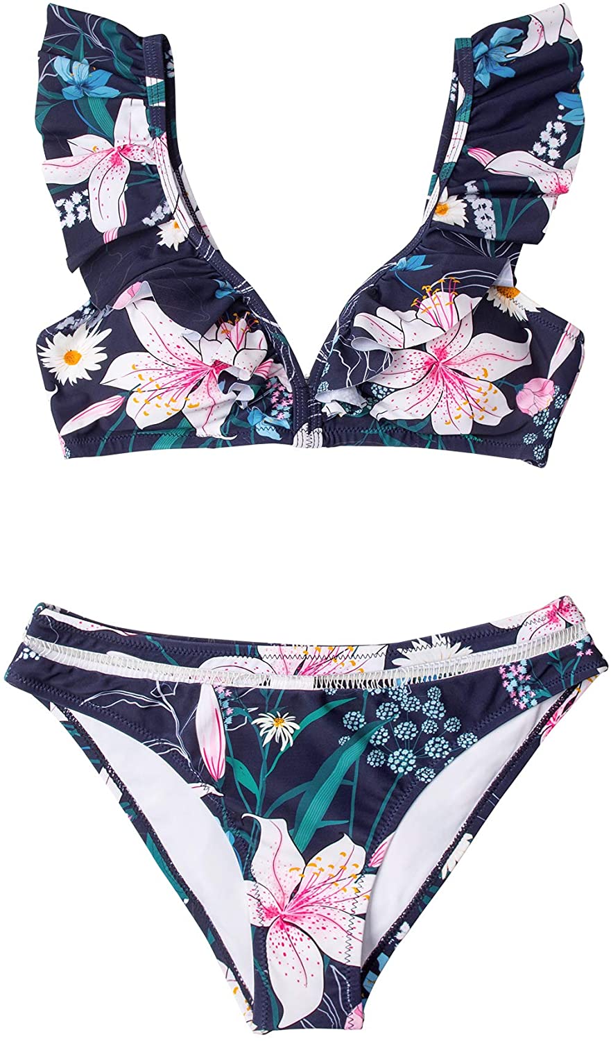 CUPSHE Women's Orange Floral Bottom Ruffle Hook Closure Bikini Set
