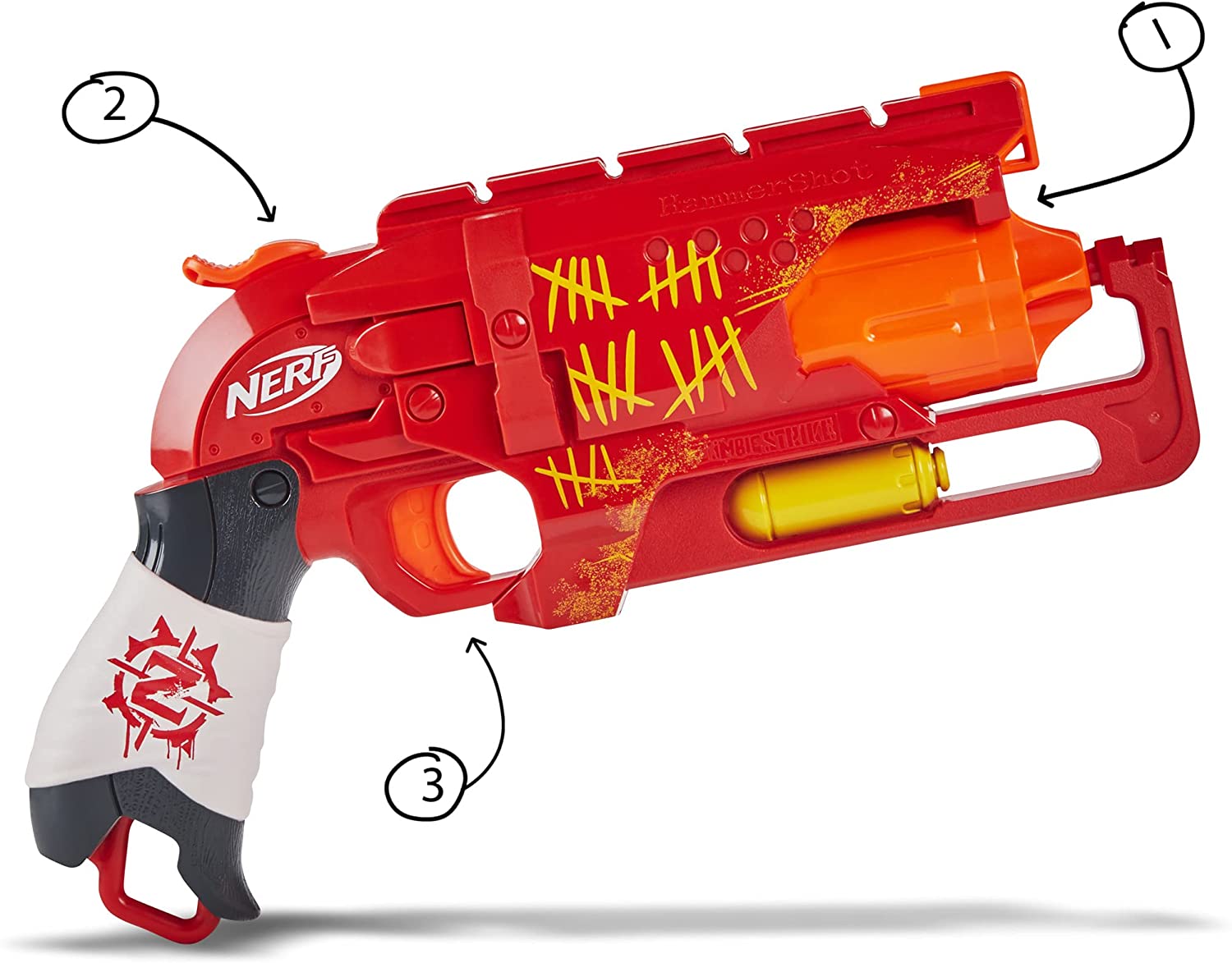 NERF Zombie Strike Hammershot Blaster -- Pull-Back Hammer-Blasting Action, 5 Official Zombie Strike Darts -- Red Color Scheme (Amazon Exclusive)