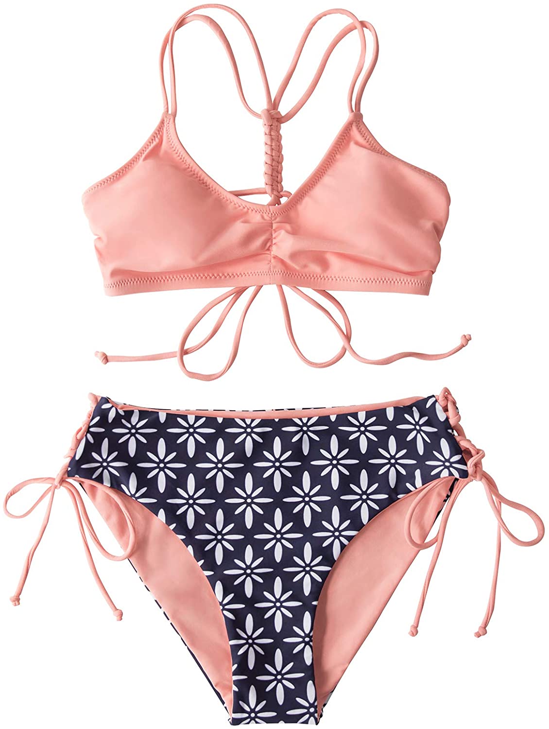 CUPSHE Women's Back Braided Straps Reversible Bottom Strappy Lace Up Bikini Sets