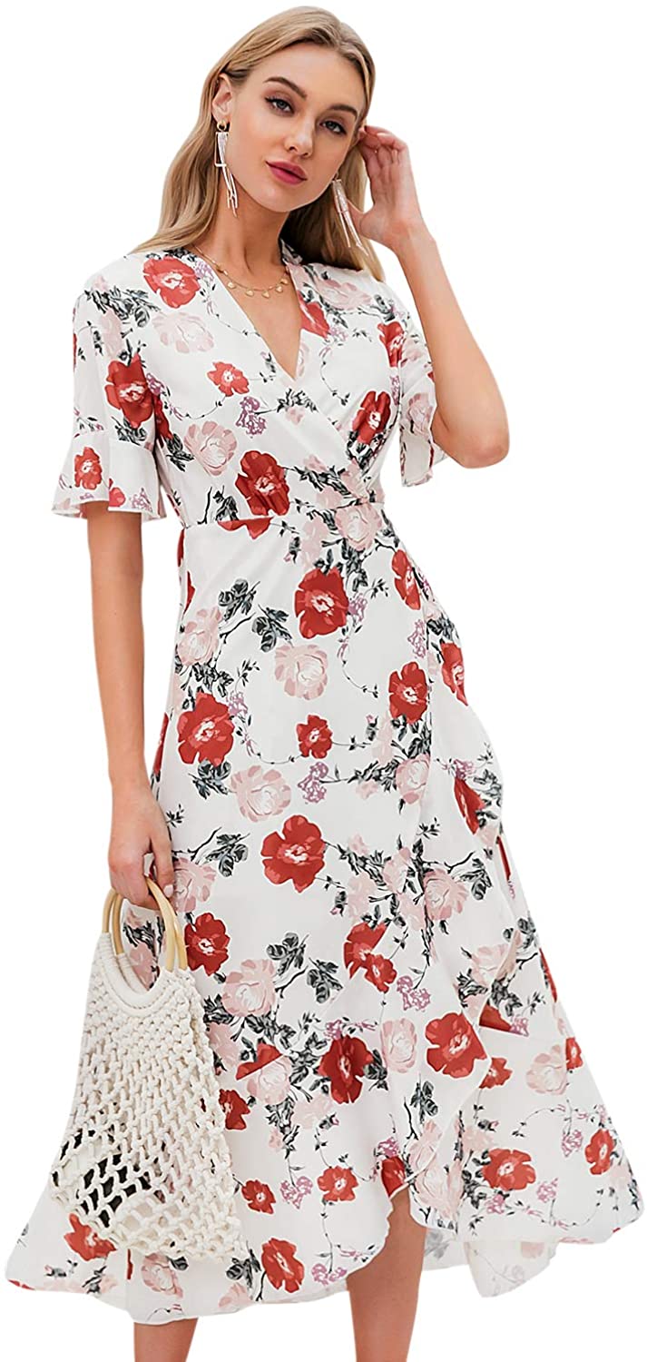 Miessial Women's Summer Chiffon V Neck Ruffle Maxi Dress Polka Dot Long Beach Wrap Dress