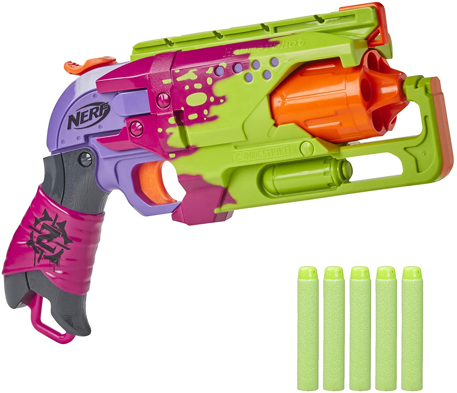 NERF Zombie Strike Hammershot Blaster -- Pull-Back Hammer-Blasting Action, 5 Official Zombie Strike Darts -- Stripes Color Scheme (Amazon Exclusive)