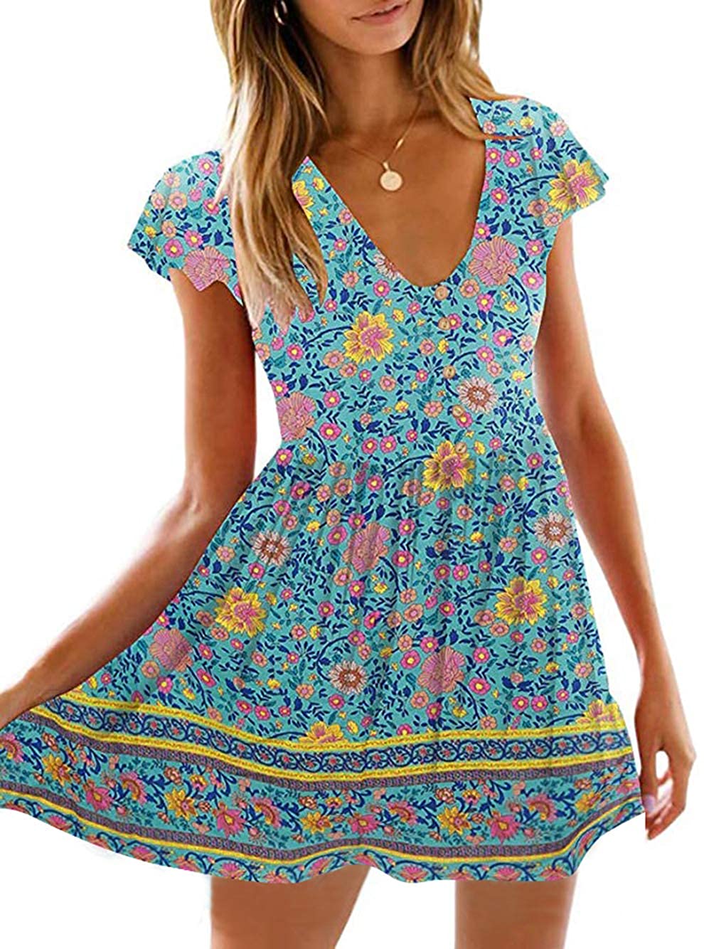 KIRUNDO Women’s  Summer Hot Short Sleeve V-Neck High Waist Floral Print Mini Sun Dress