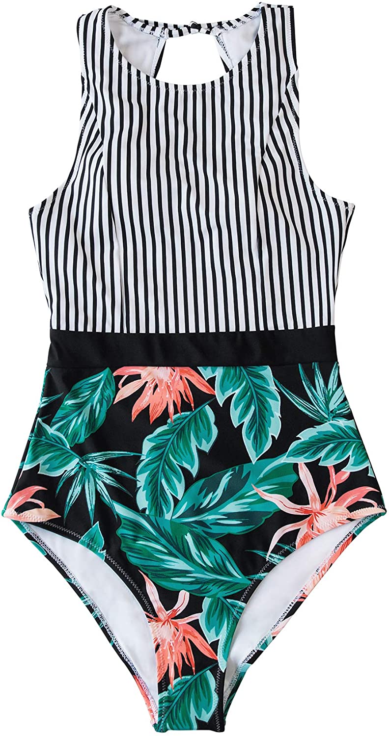 CUPSHE Women's Striped Leafy One Piece Swimsuit