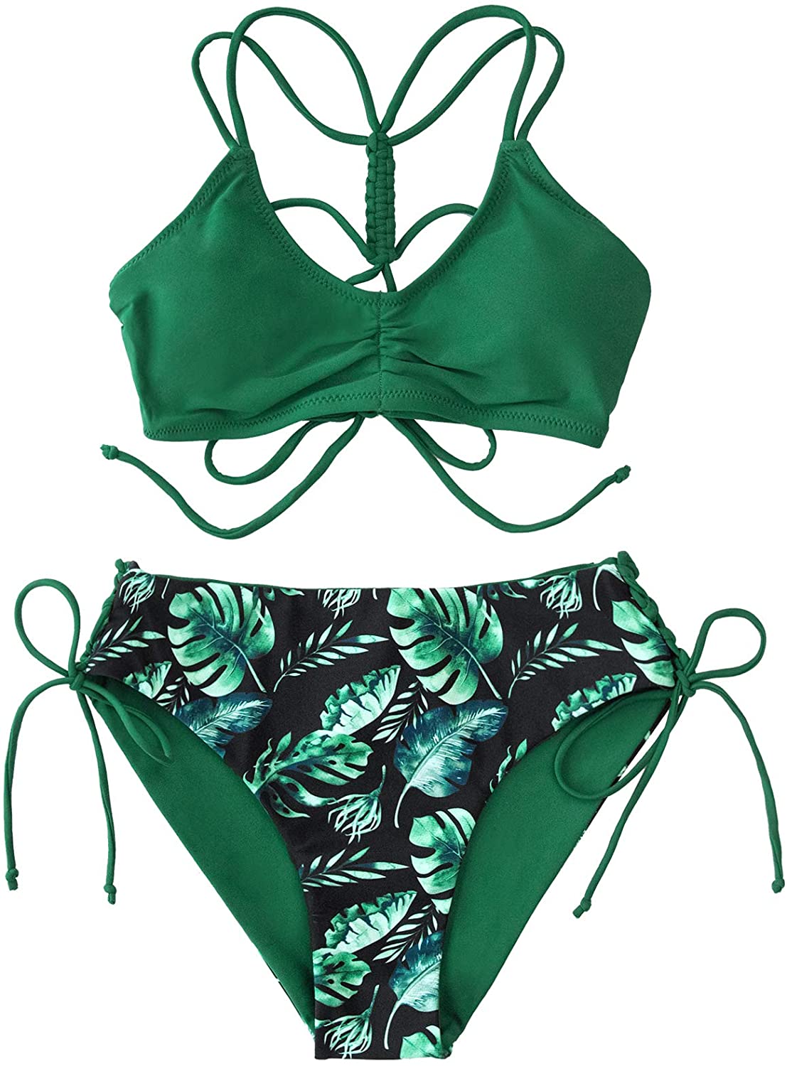 CUPSHE Women's Back Braided Straps Reversible Bottom Strappy Lace Up Bikini Sets