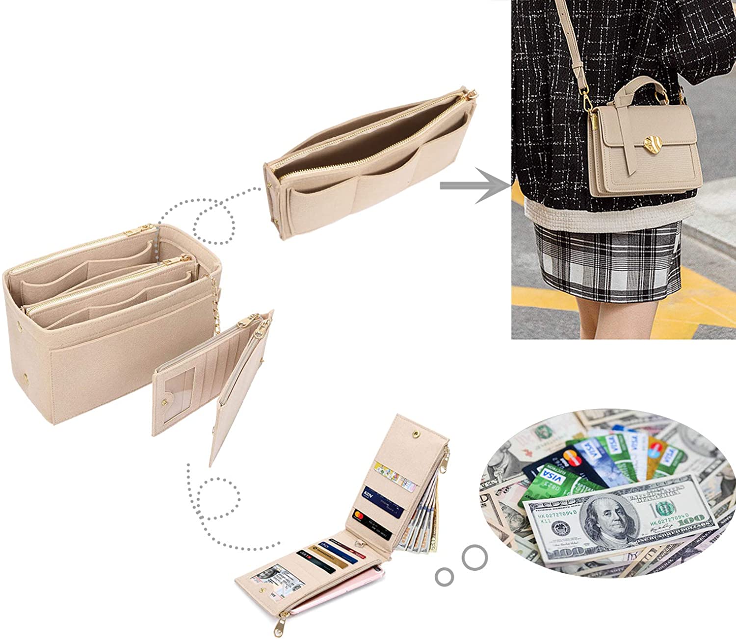 APSOONSELL Felt Purse Organizer Insert with Card Case, Tote Handbag Organizer Bag Insert with Zipper