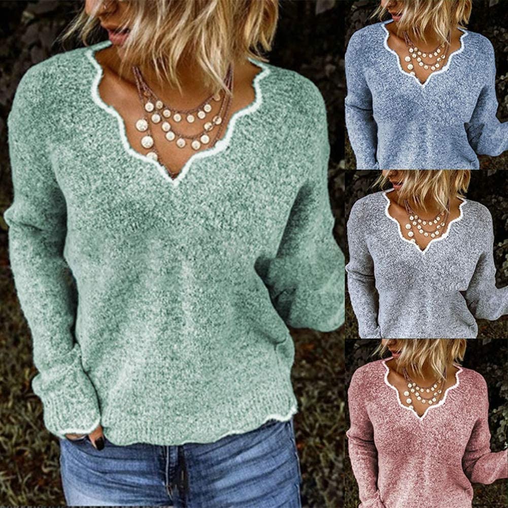 Rungion Womens Long Sleeve V Neck Pullover Sweaters Cute Knitted Winter Oversized Blouse Tops