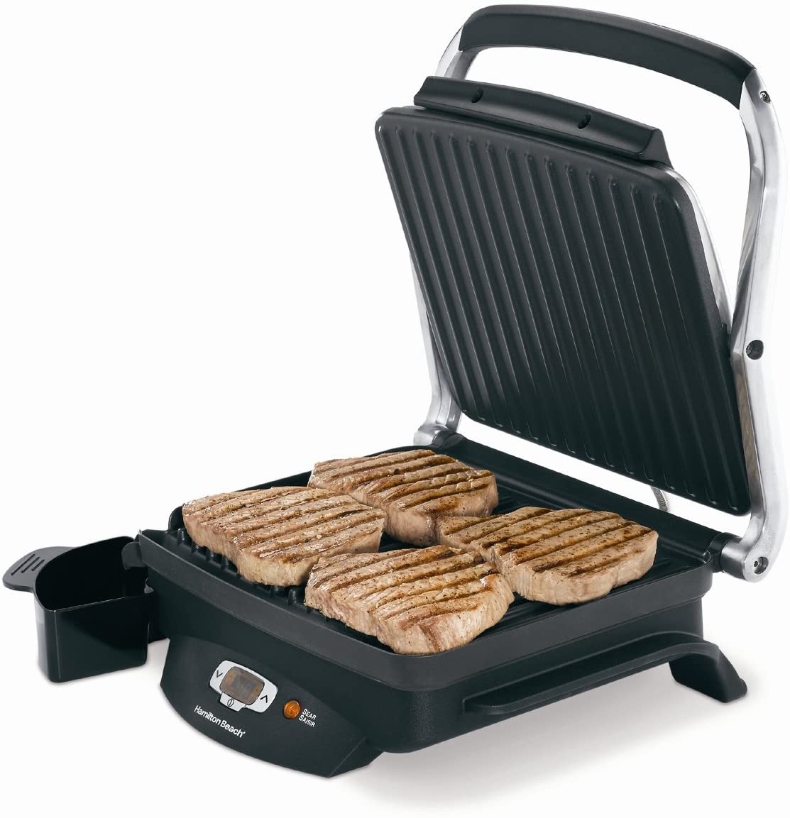 Hamilton Beach Steak Lover's Electric Indoor Searing Grill, Nonstick 100 Square, Stainless Steel (25331), Black and Stainless, Medium - JOY2ESpree