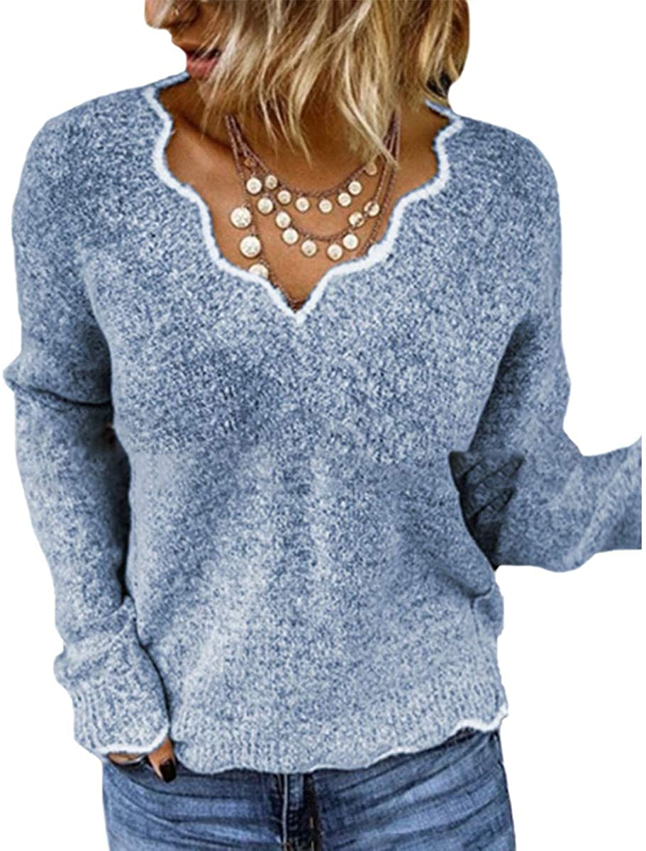 Rungion Womens Long Sleeve V Neck Pullover Sweaters Cute Knitted Winter Oversized Blouse Tops