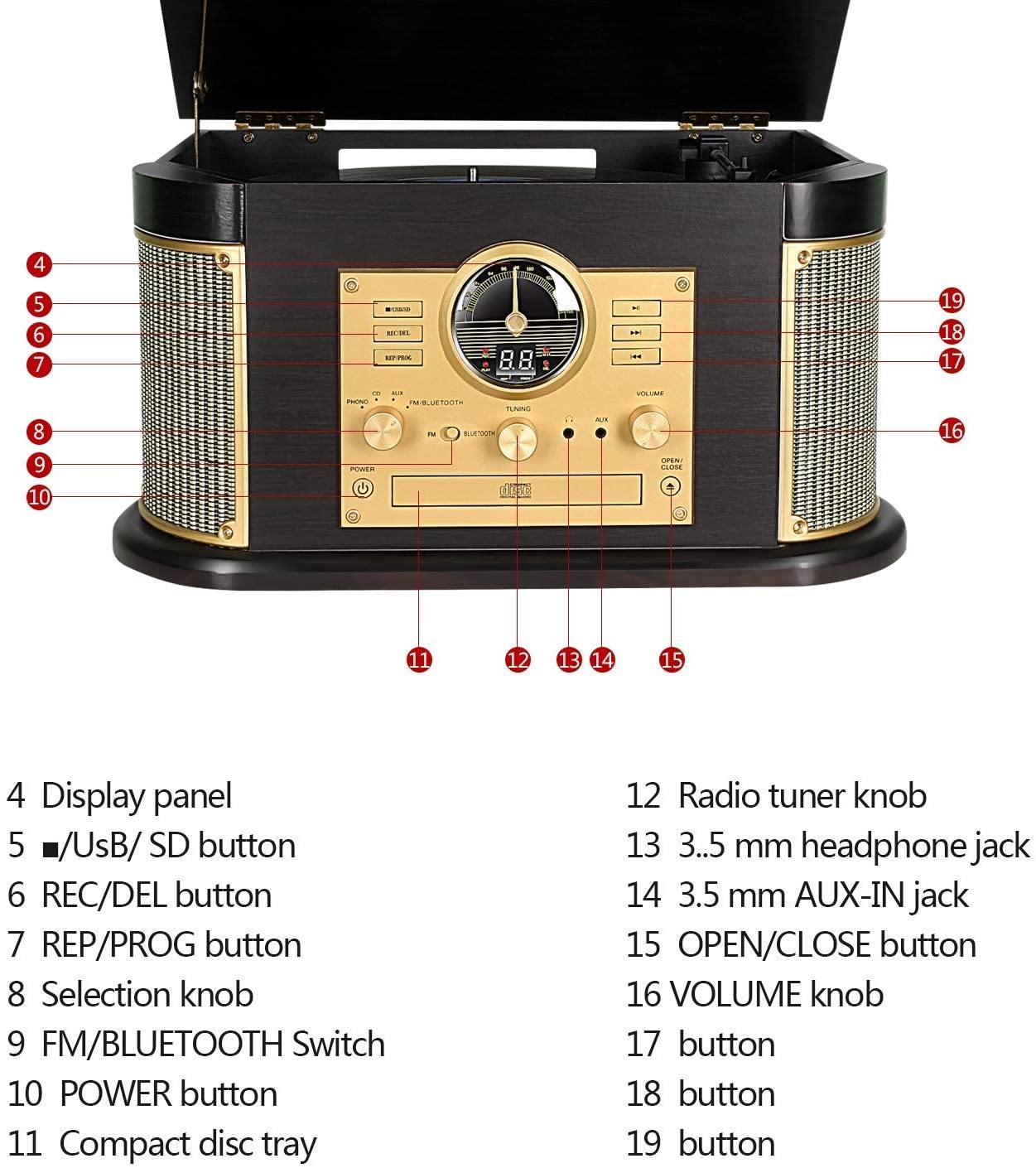 Cassette Record Player,Phonographs DLITIME 3-Speed Vinyl Turntable Built-in Bluetooth 2x9W Speakers - JOY2ESpree