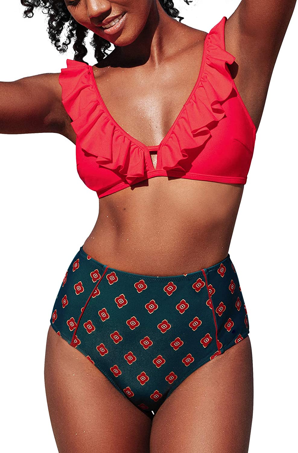 CUPSHE Women's High Waist Bikini Swimsuit Ruffle Floral Print Two Piece Bathing Suit
