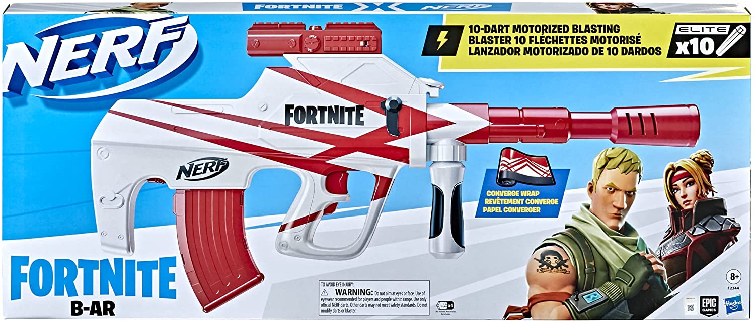 NERF Fortnite B-AR Motorized Dart Blaster -- Fortnite Converge Wrap, Motorized 10-Dart Blasting, 10-Dart Clip, 10 Official Elite Darts