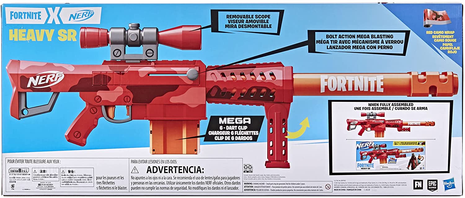 NERF Fortnite Heavy SR Blaster, Longest Fortnite Blaster Ever, Removable Scope, Bolt Action, 6 Official Mega Darts, 6-Dart Clip
