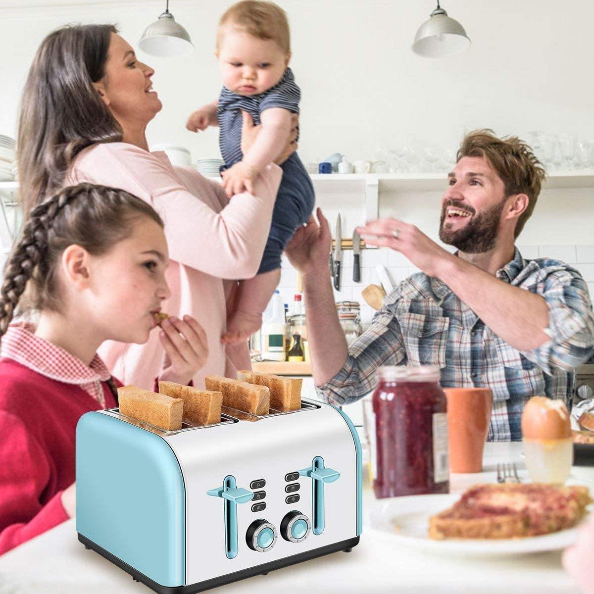 Toaster 4 Slice, CUSINAID 4 Wide Slots Stainless Steel Toasters with Reheat Defrost Cancel Function, 7-Shade Setting, Blue - JOY2ESpree