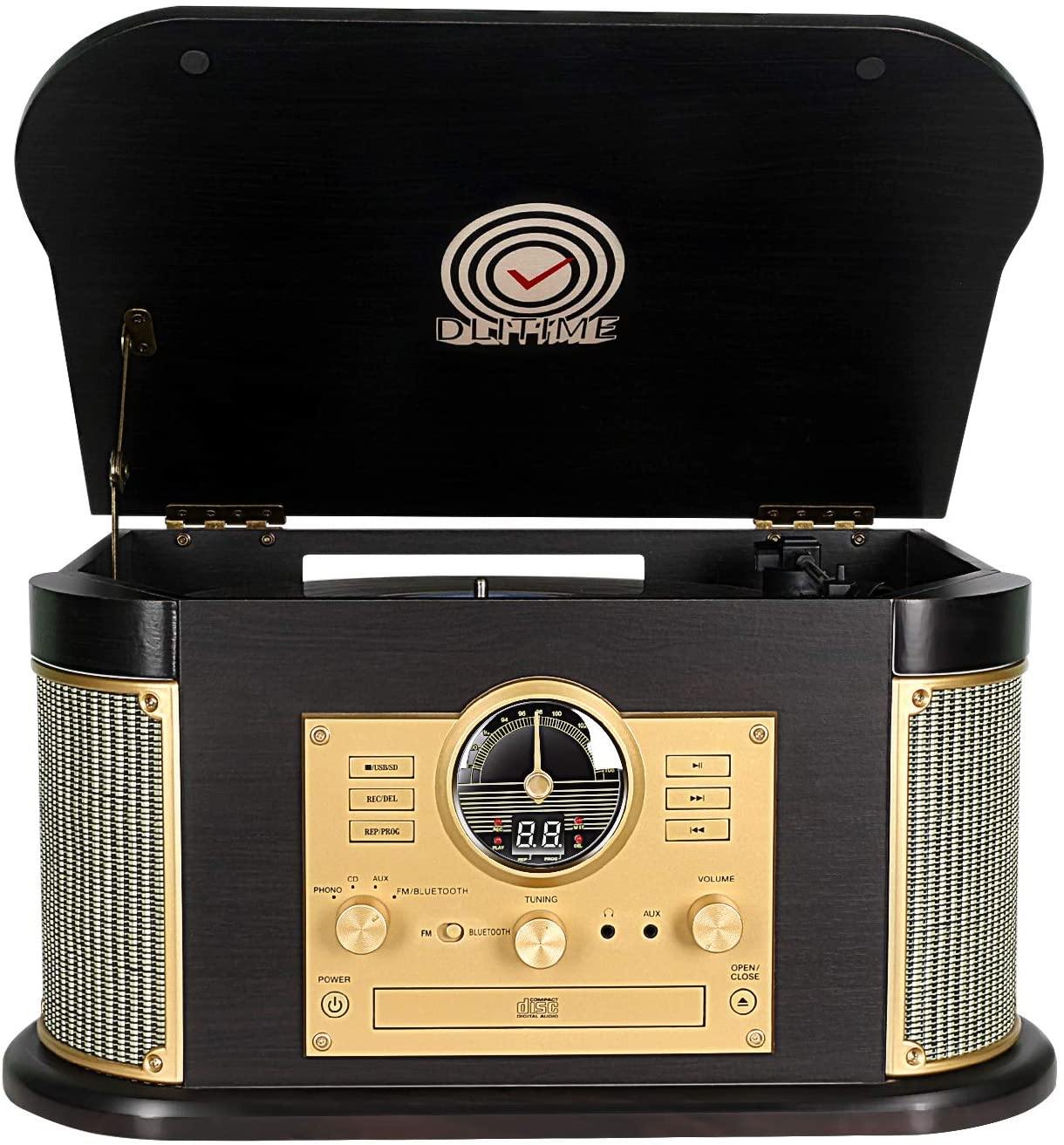Cassette Record Player,Phonographs DLITIME 3-Speed Vinyl Turntable Built-in Bluetooth 2x9W Speakers - JOY2ESpree
