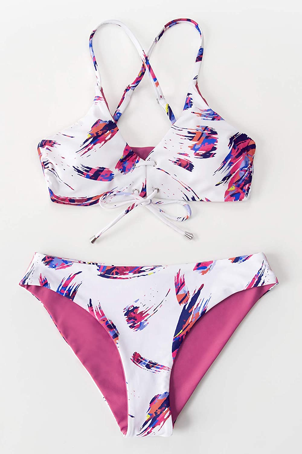 CUPSHE Women's Reversible Lace Up Bikini Sets Floral and Striped