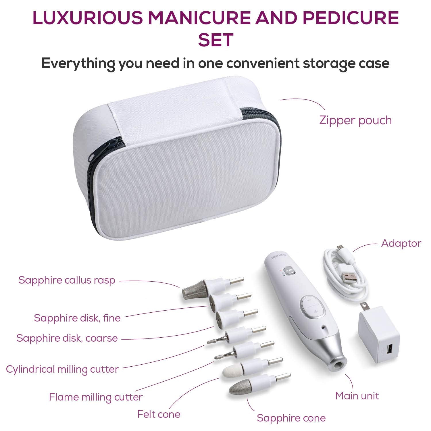 Beurer 14-piece Professional Manicure & Pedicure Nail Drill Kit, Cordless, 10 Attachments, 3 Speed Settings