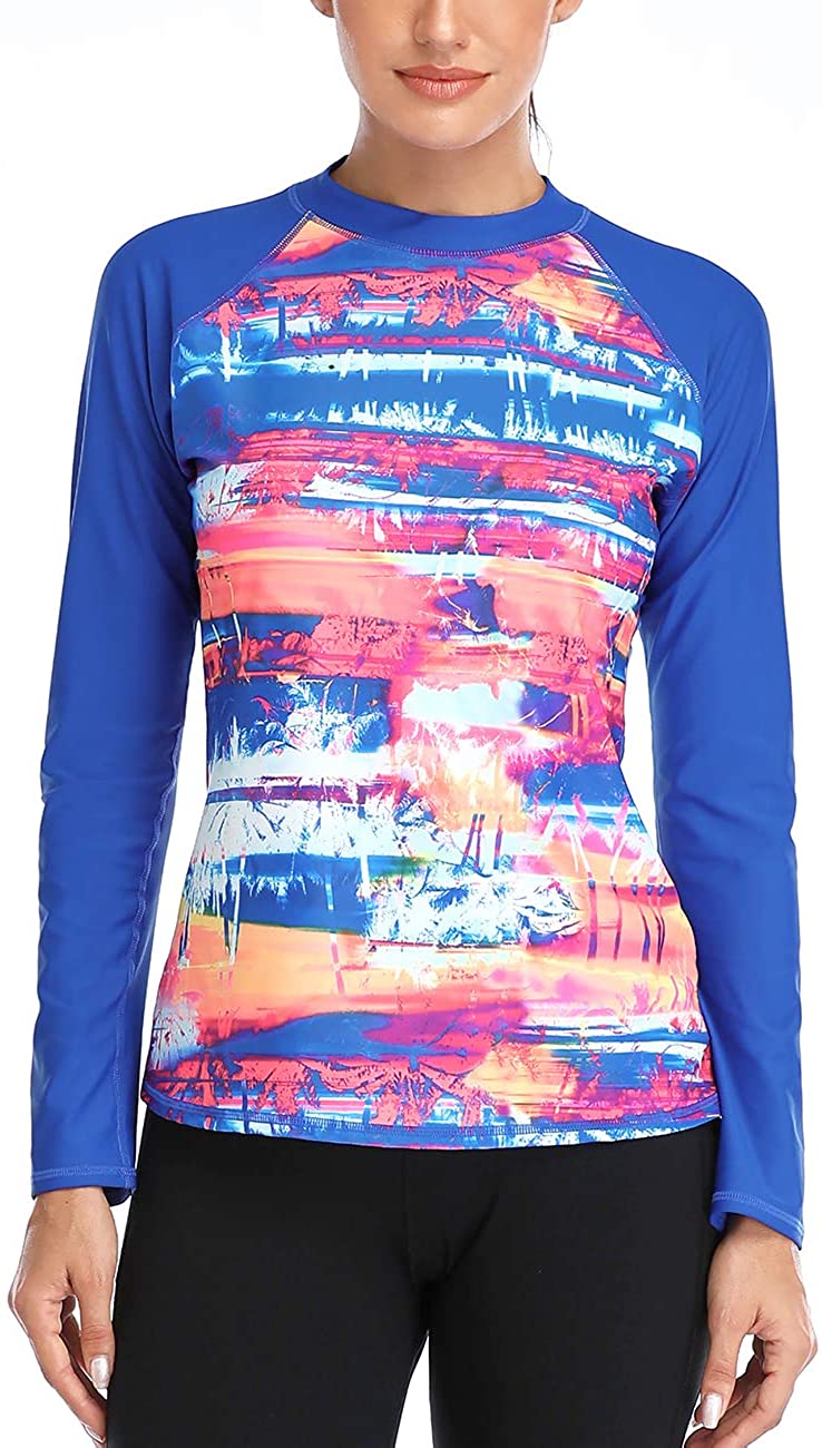 CharmLeaks Women's Long Sleeve Rashguard UPF 50 Sun Protection Swimsuit Top Striped Swim Shirts