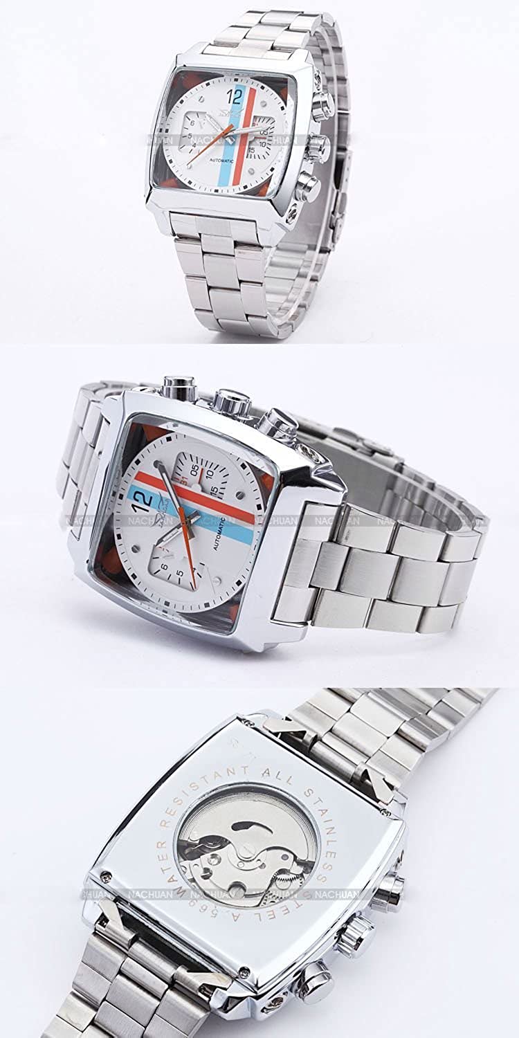 Fanmis Mens Automatic Analog Oblong Date Silver Stainless Steel Wrist Watch Business Luminous Watch