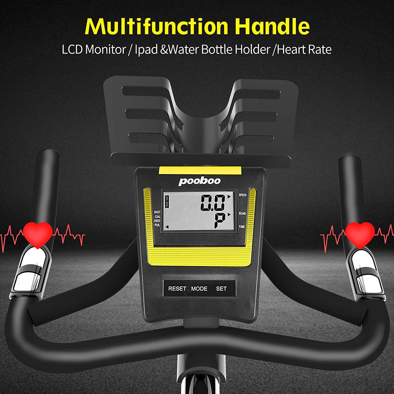 Pooboo Indoor Cycling Bike Belt Drive Exercise Bike Stationary with Comfortable Seat Cushion, Tablet Holder and LCD Monitor for Home Workout - JOY2ESpree