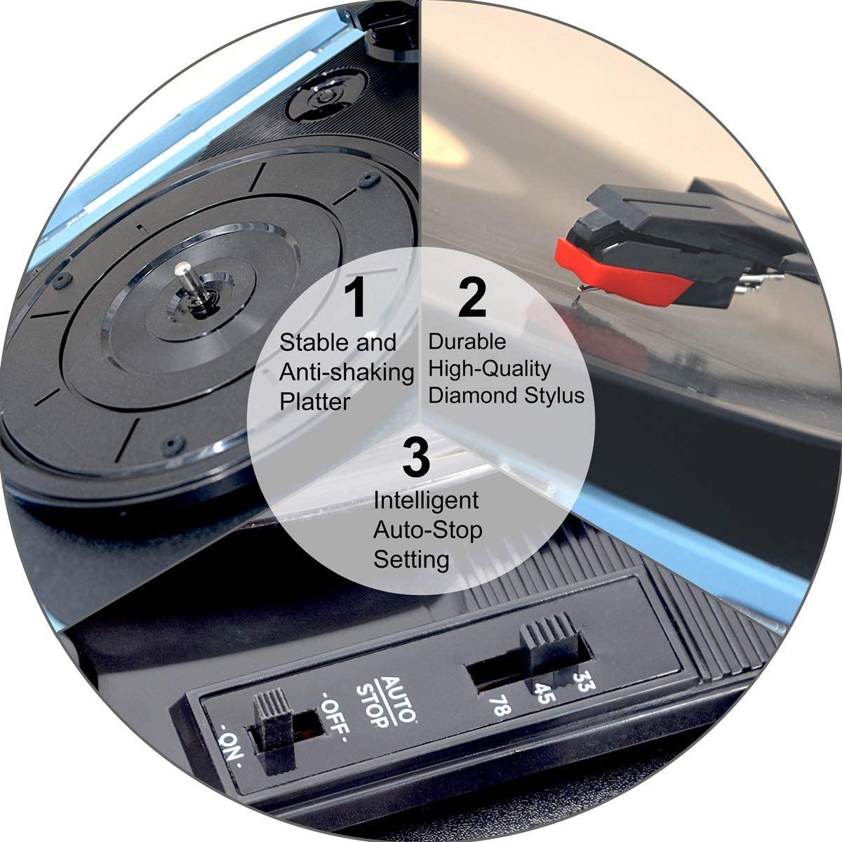 Bluetooth Record Player 3 Speed Craftmanship Turntable with Built-in Premium Speakers Support USB Playback/Recording (Black)… - JOY2ESpree