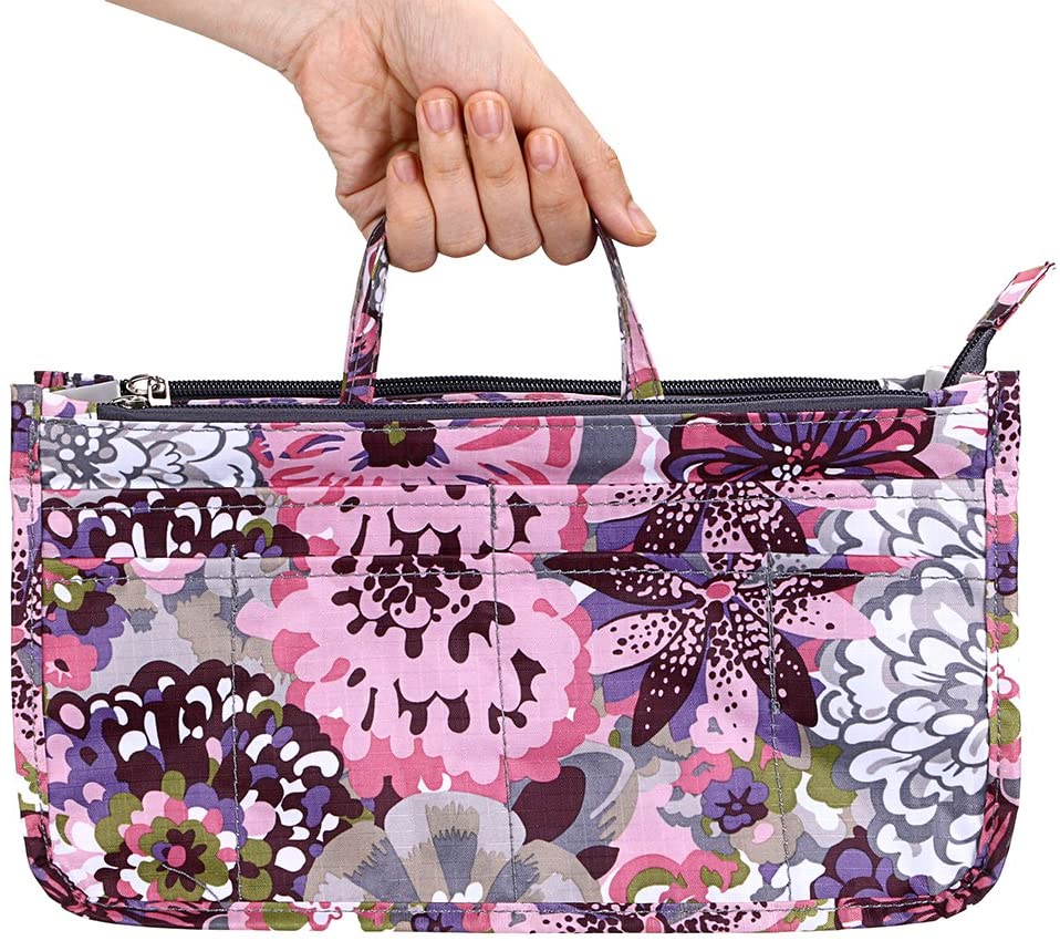BTSKY New Printing Handbag Organizers Inside Purse Insert-High Capacity 13 Pockets Bag Tote Organizer with Handle Peacock Flower
