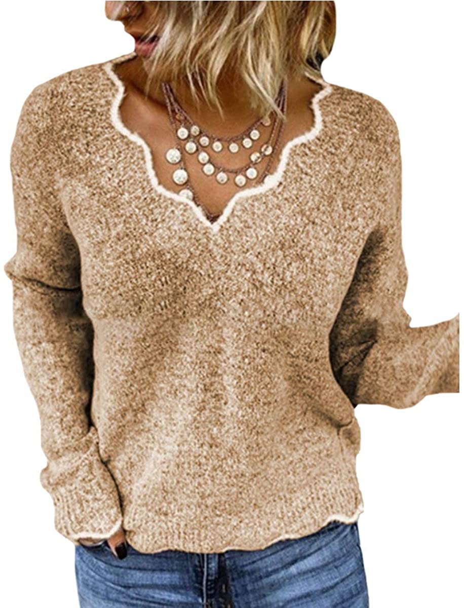 Rungion Womens Long Sleeve V Neck Pullover Sweaters Cute Knitted Winter Oversized Blouse Tops