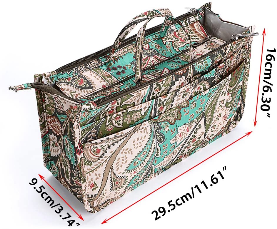 BTSKY New Printing Handbag Organizers Inside Purse Insert-High Capacity 13 Pockets Bag Tote Organizer with Handle Peacock Flower